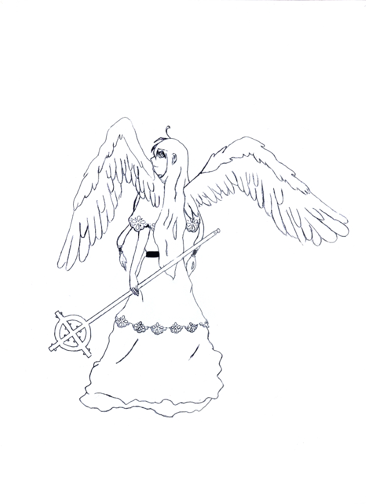 graphite drawing of an angel character wielding a staff