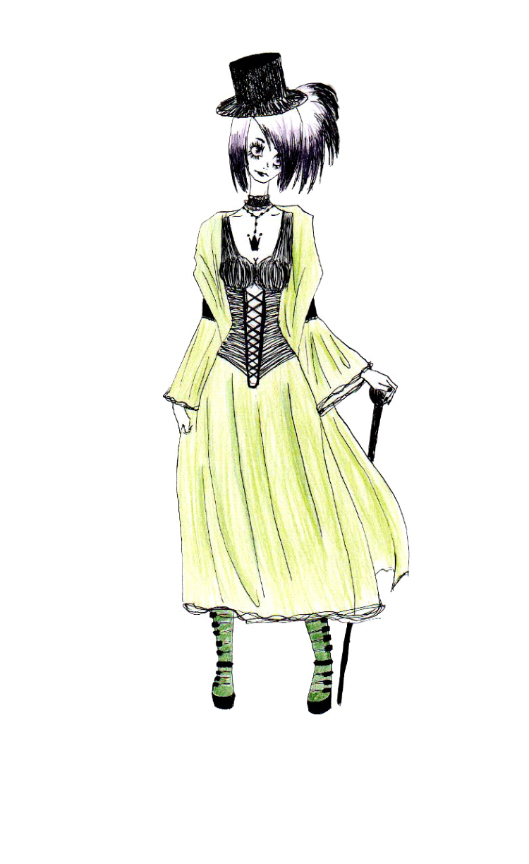 ink drawing of Anko from Naruto, wearing a green dress and a corset