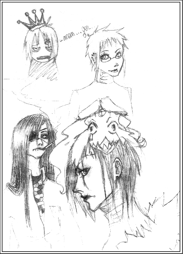 a sketch page with Allen Walker, Jasdero and Devit from D.Gray-Man, as well as Badou from Dogs: BUllet & Carnage and a portrait of my character Flegel in the top right