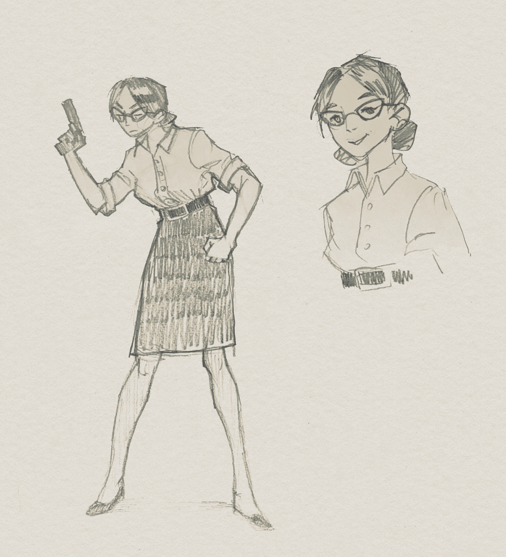 graphite sketches of Miss Pauling from Team Fortress 2
