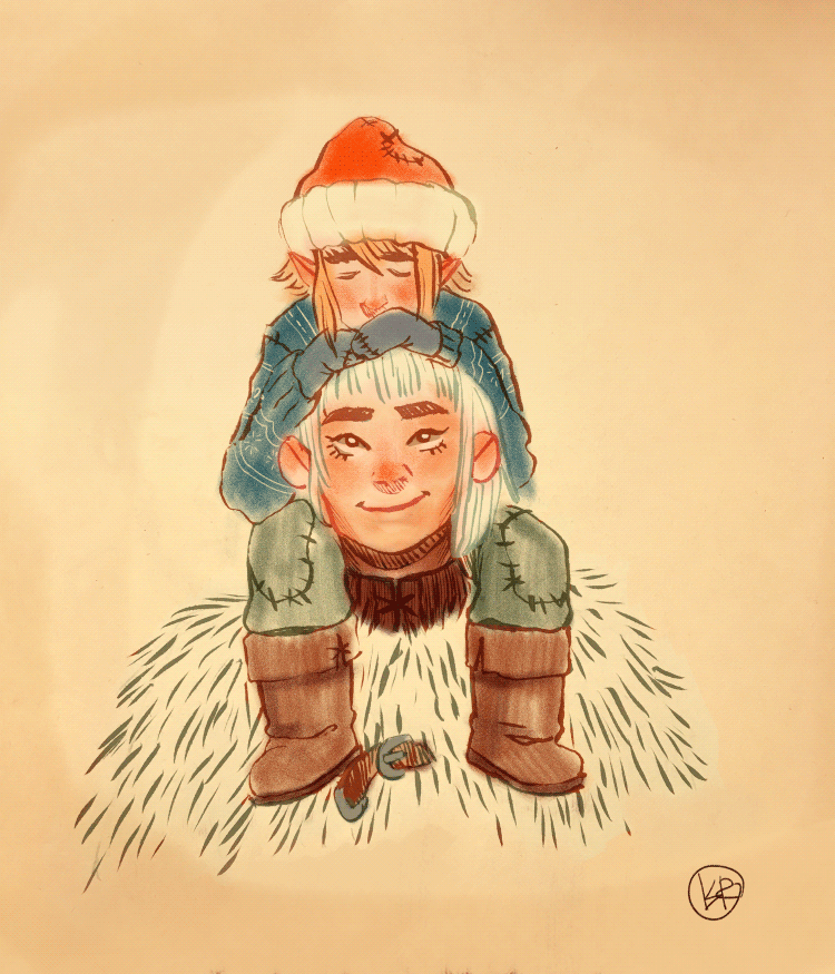 digital sketch of my character Claire and my friend Eva's character Trym on her shoulders