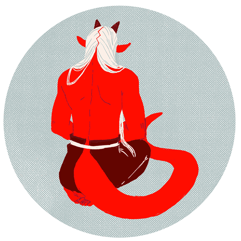 my character Amon meditating, seen from the back