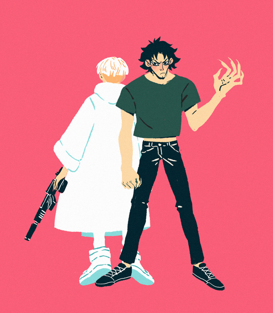 digital fanart of Devilman: Crybaby. Akira Fudo is facing us, Ryo Asuka is facing away