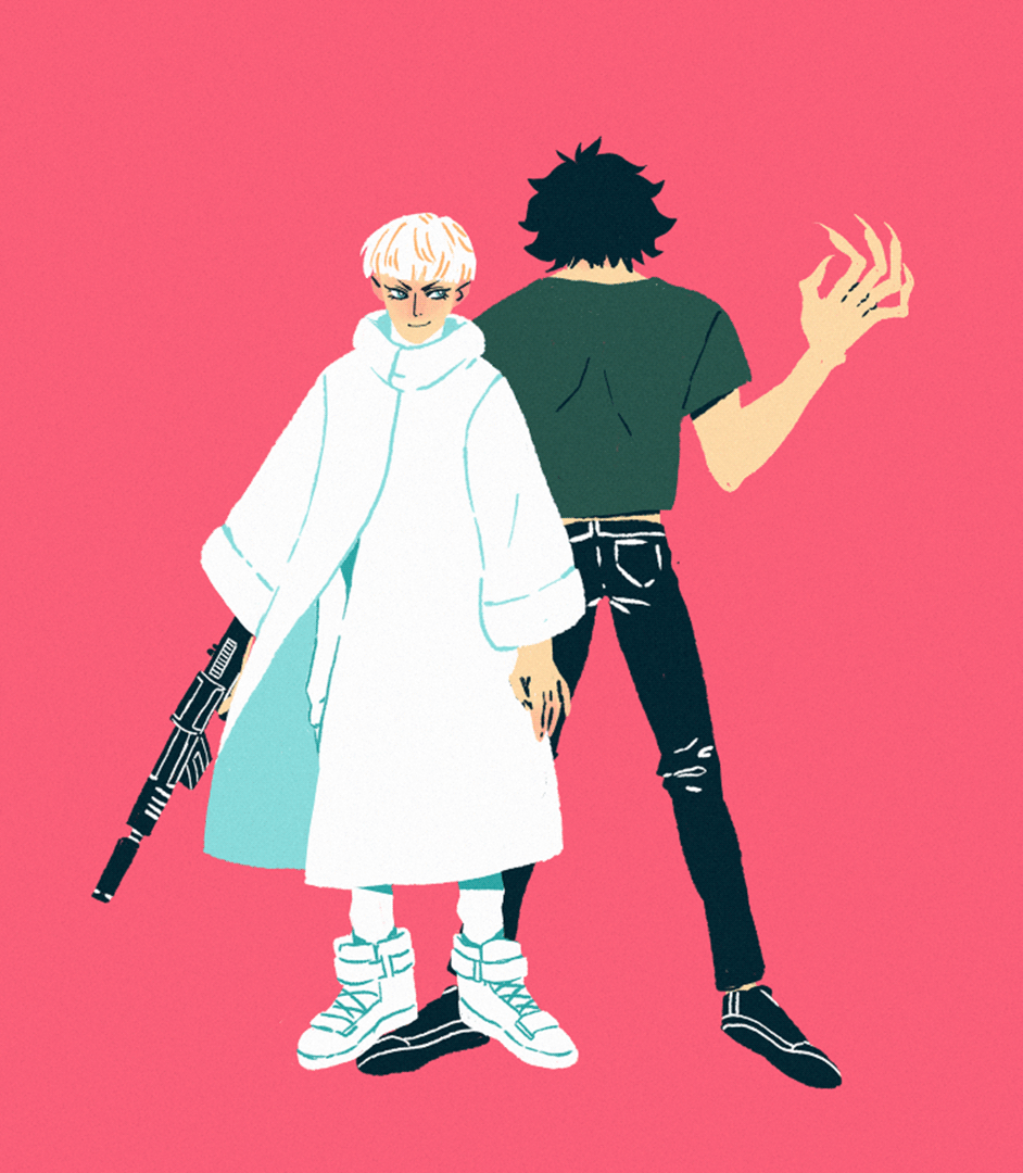 digital fanart of Devilman: Crybaby. Ryo Asuka is facing us, Akira Fudo is facing away