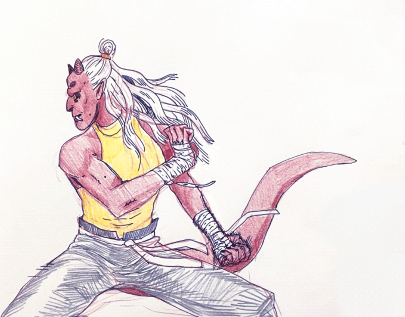 ink and pencil sketch of Amon, fighting