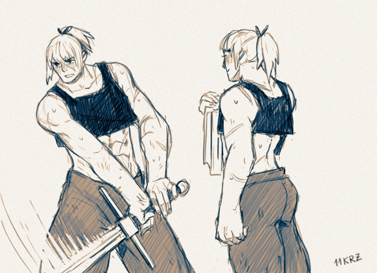 digital sketch of a very sweaty Claire, training with her greatsword