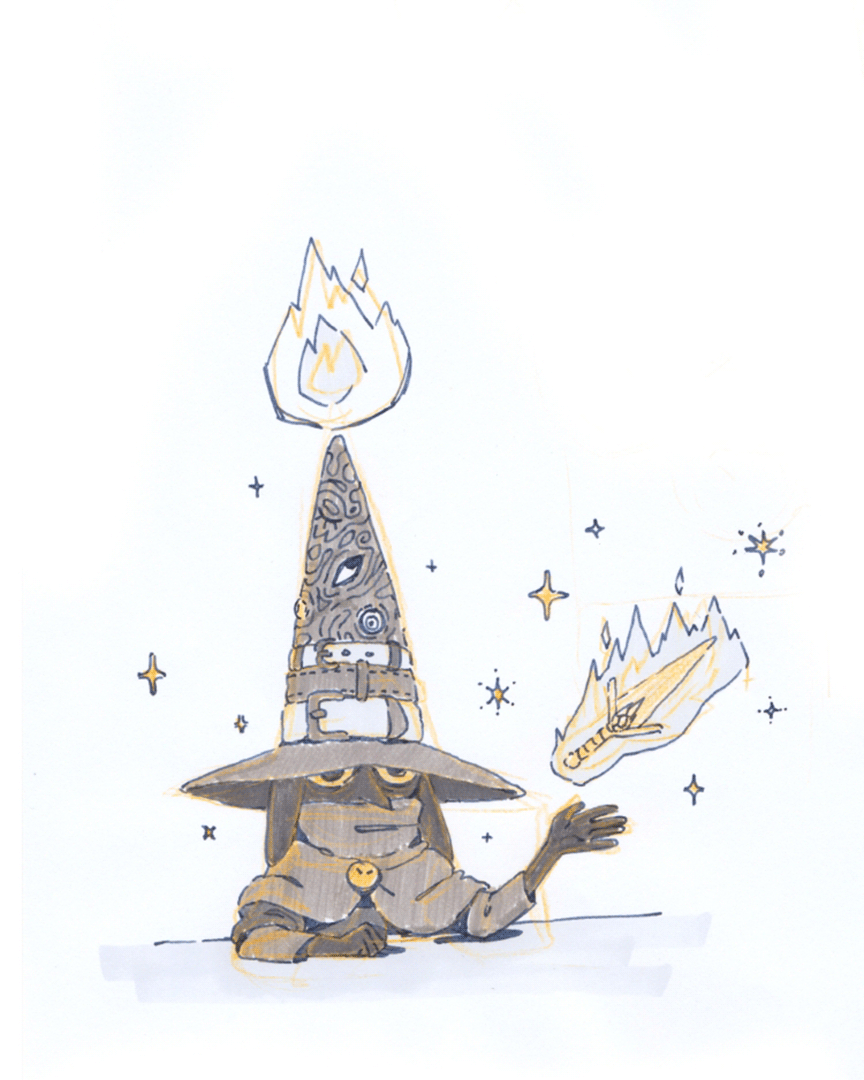 inktober piece of Lucci, my gnome warlock, using minor illusion to communicate
