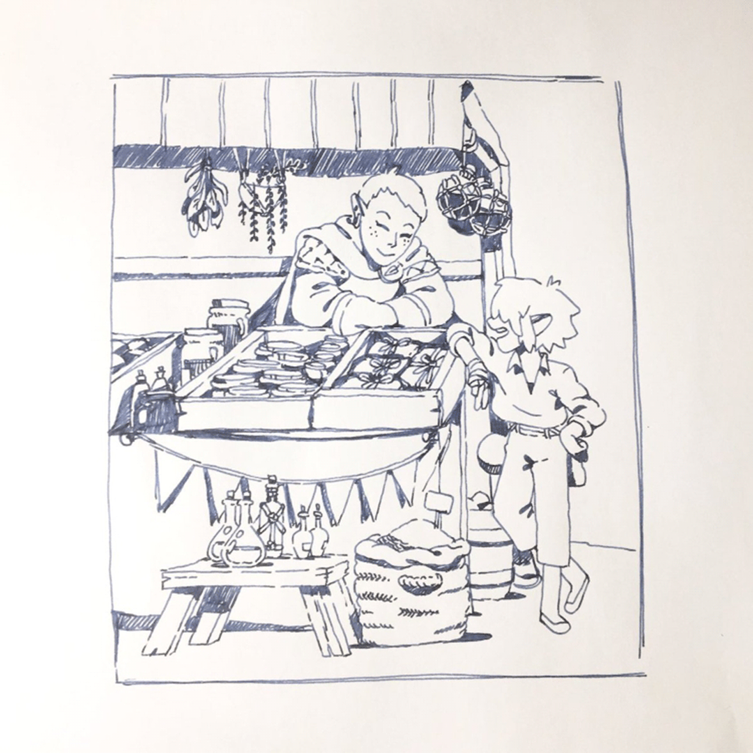 inktober piece of Trym rizzing up a baker at her stall