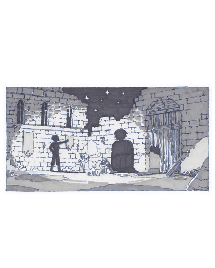 inktober piece of Trym excitedly telling a story around a campfire while Claire listens. their shadows are cast on the wall behind them