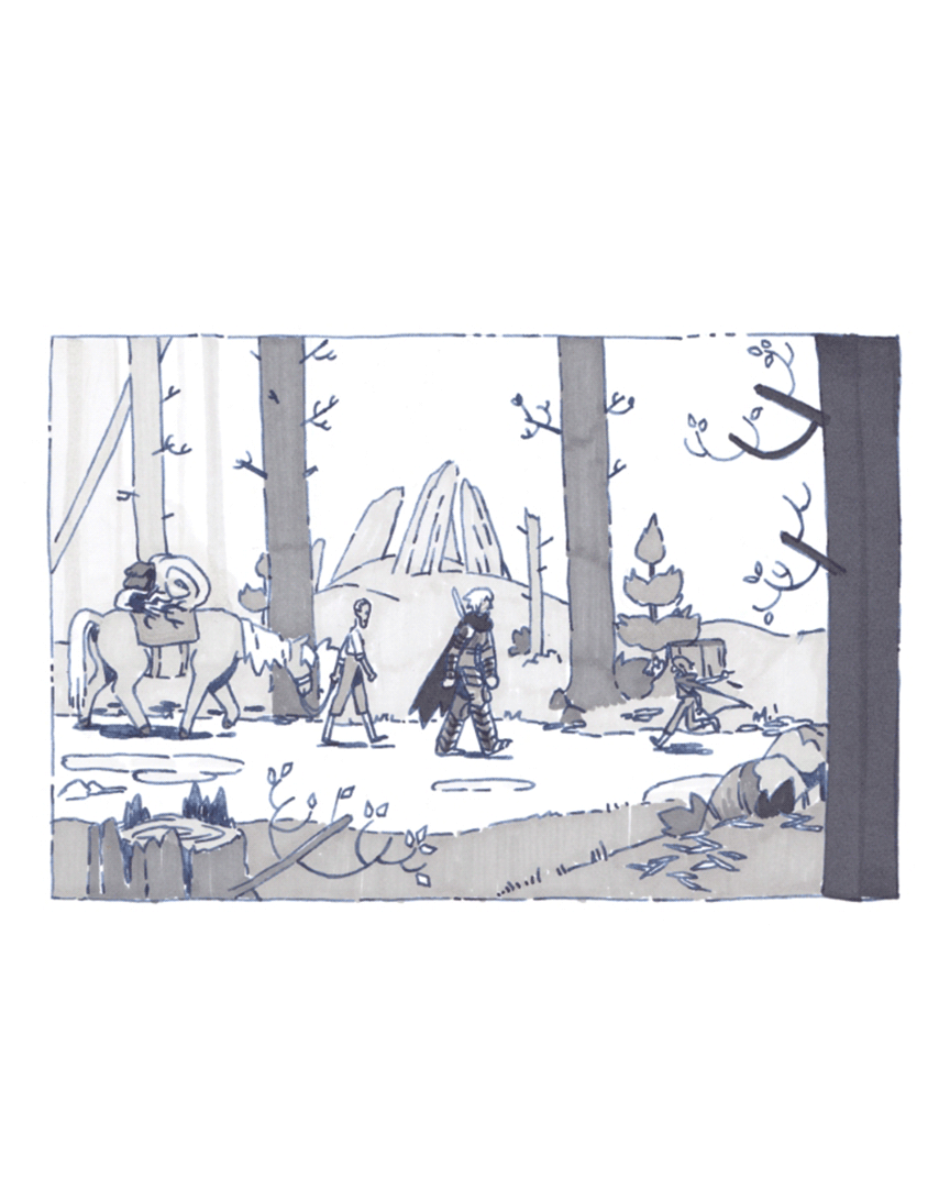 inktober piece of Claire and Jules walking in the woods. Trym is running towards them, pointing excitedly in the direction they're going 