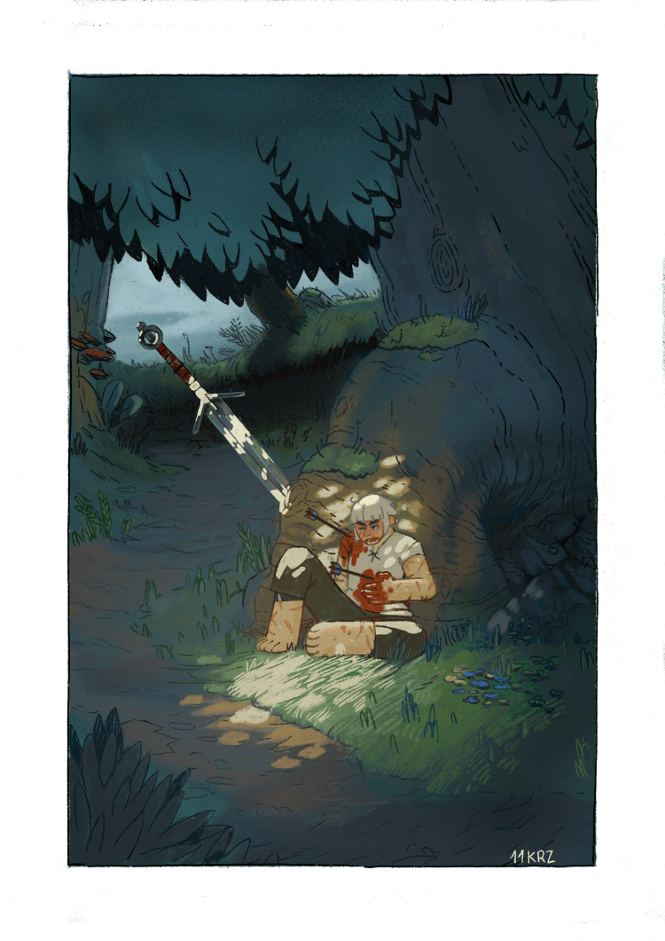digital painting of Claire, panting in the woods. she's got two arrows in her, blood seeping through her top