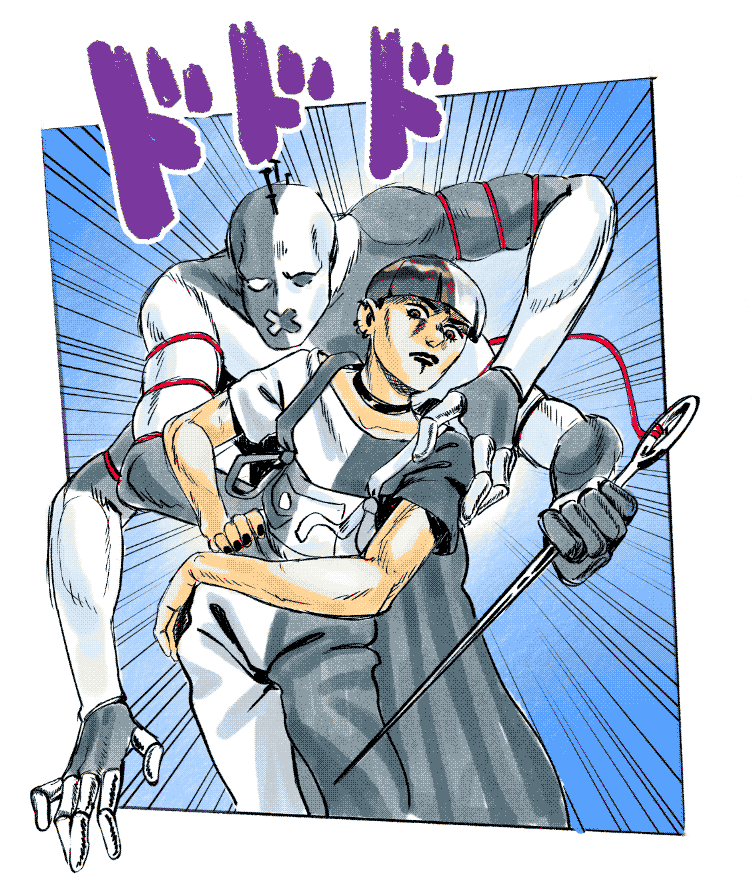 digital piece mimicking Araki's style, featuring my self-insert stand use rand their stand, Bodysnatchers, looking menacing
