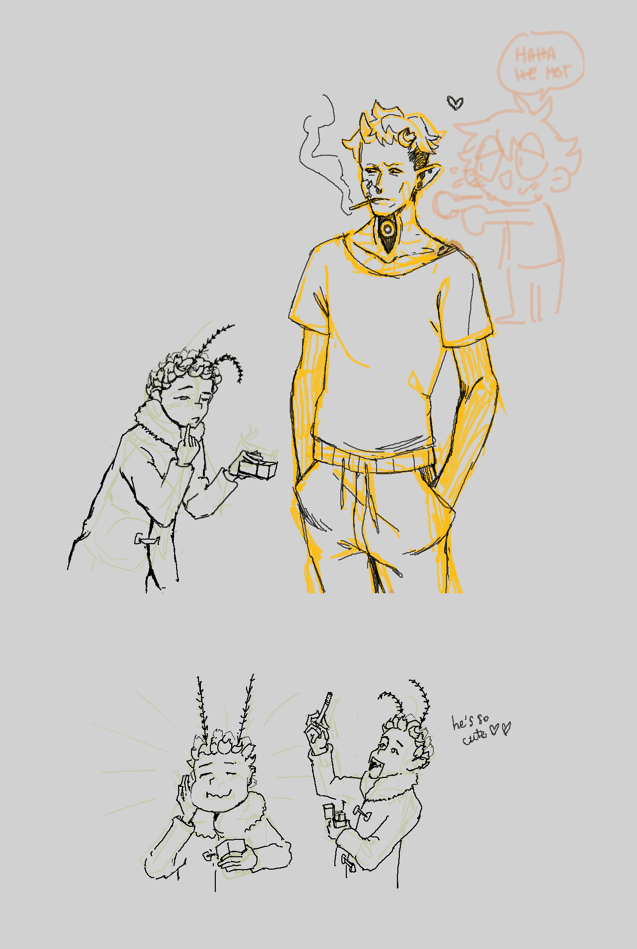 page 1 of a comic featuring envy and gluttony. gluttony steals envy's cigarettes and eats one