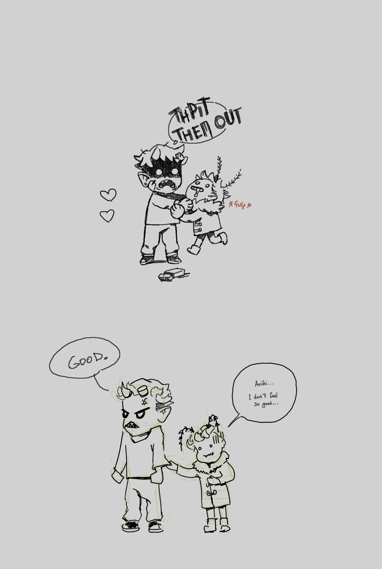 page 2 of a comic featuring envy and gluttony. envy squeezes gluttony out, trying to get him to spit out the cigarette he ate. after, gluttony tugs at envy's shirt, saying e feels unwell; envy is clearly pissed and says 'GOOD.'