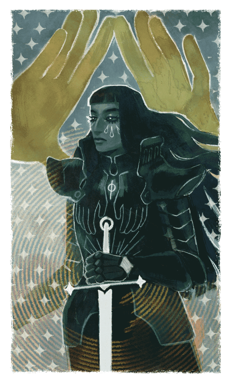 digital painting featuring my templar character, in a tarot-card style inspired by Dragon Age