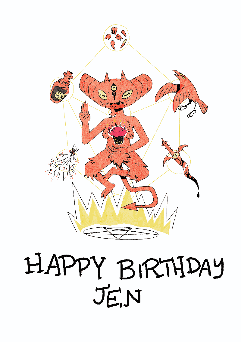 birthday card for Jen, featuring Courtney, a character from Deadendia
