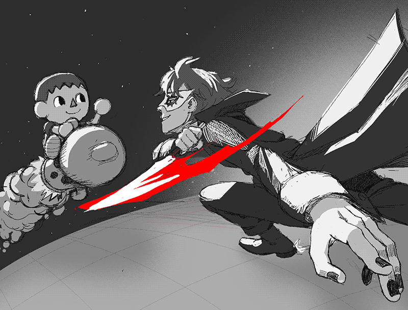 digital fanart of Super Smash, featuring Joker from Persona 5 fighting against Villager from Animal Crossing