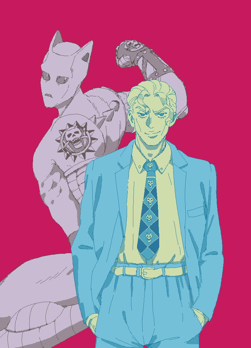 didigtal sketch of Kira Yoshikage, alongside Killer Queen in the background