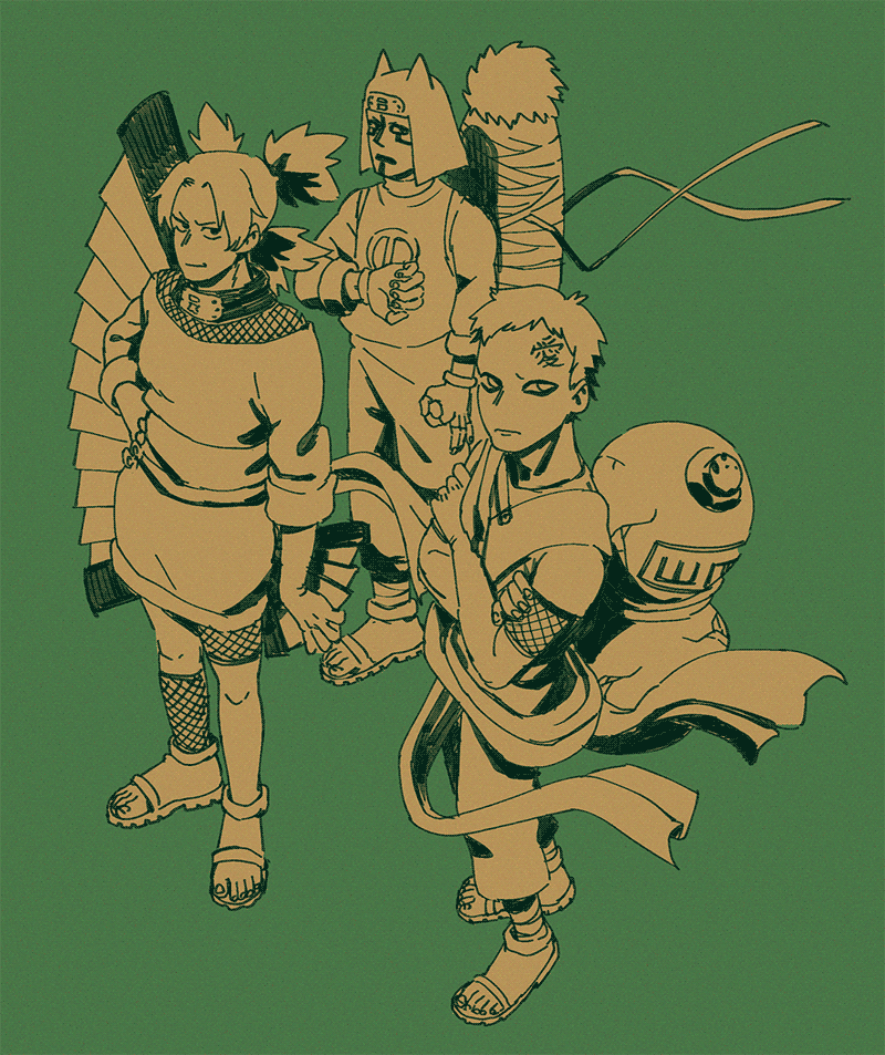 inked sketch of the sand siblings from Naruto