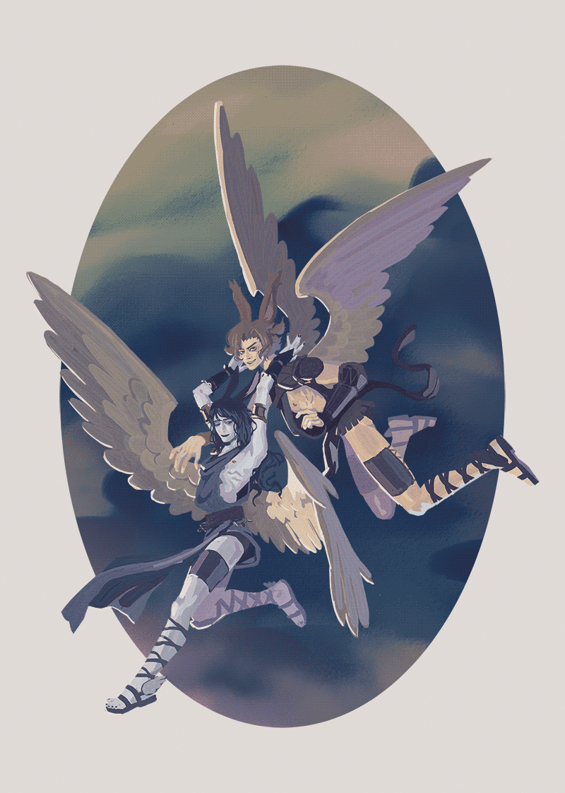 digital painting of my friend Sarah's viera character alongside Batu, my own; they're both wearing angelic outfits and golden wings