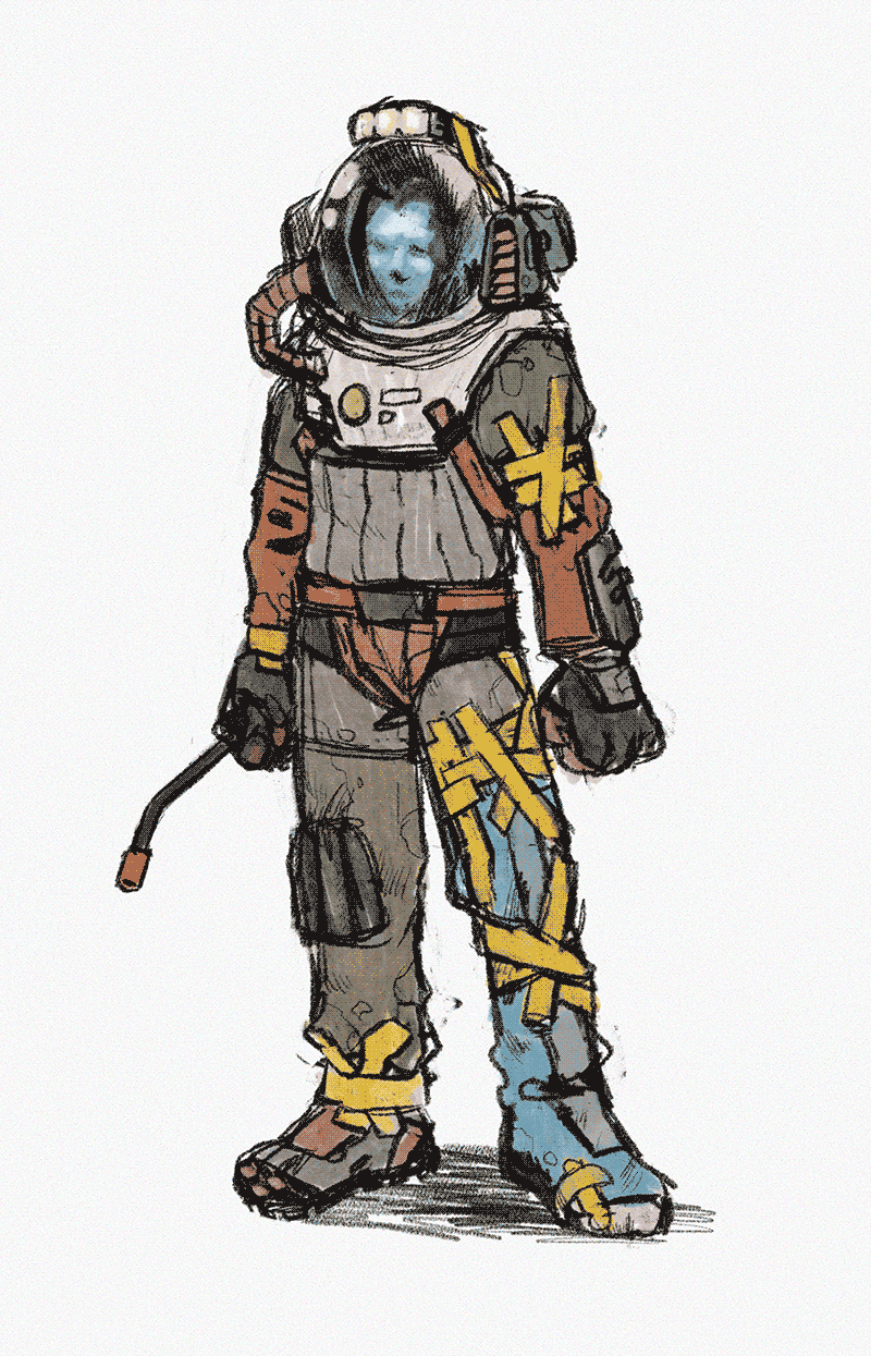 a fullbody sketch of my character Carter's suit