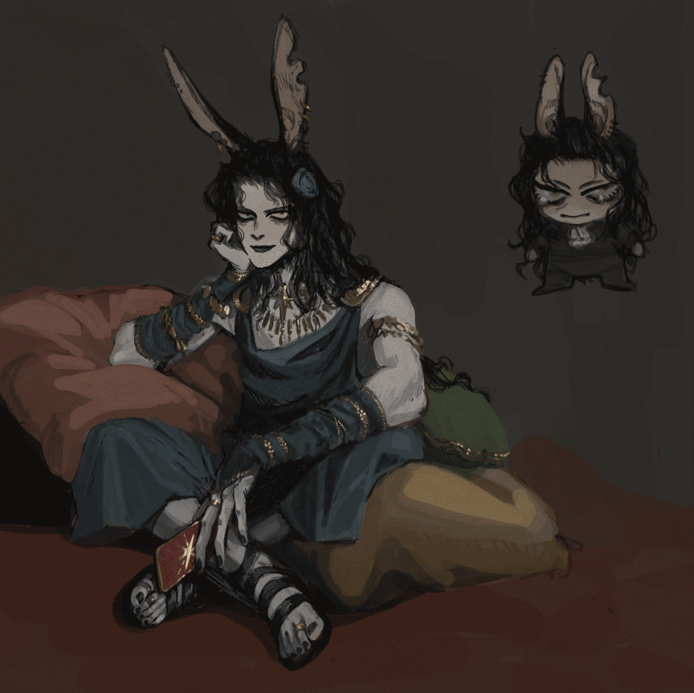 my Final Fantasy XIV viera Batu in his astrologian garb, lounging on cushions