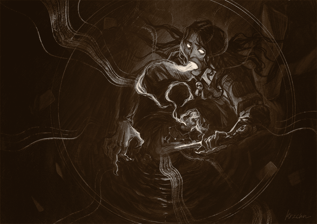 fanart of Natural Six, an actual play serie. it features Erastus siphoning the life from Raidion, one of the party members
