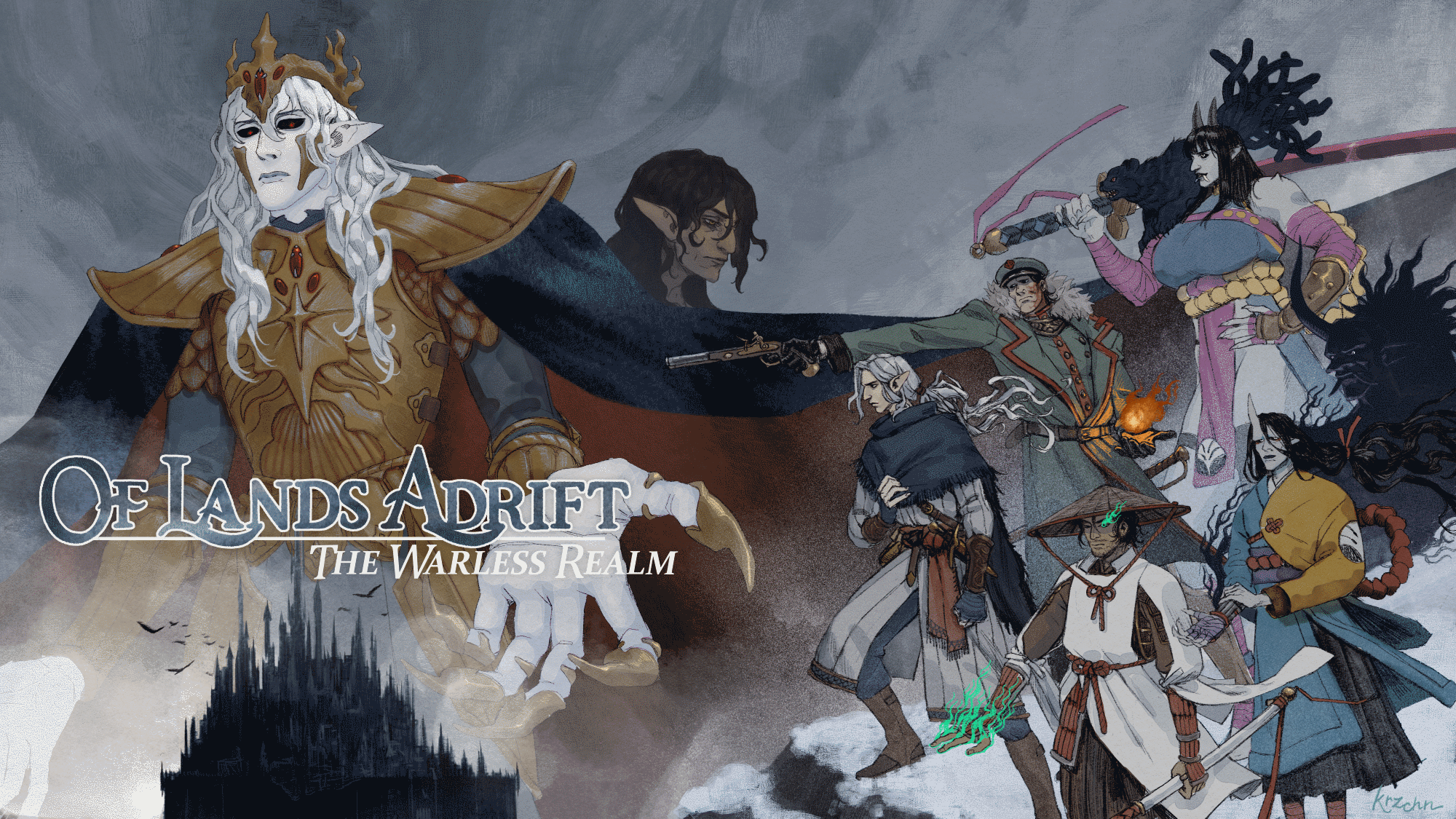 a cover i made for the Fabula group i play in! it shows the party on the right, and on the left is Malin'Ehus who is the antagonist of the current arc, The Warless Realm.