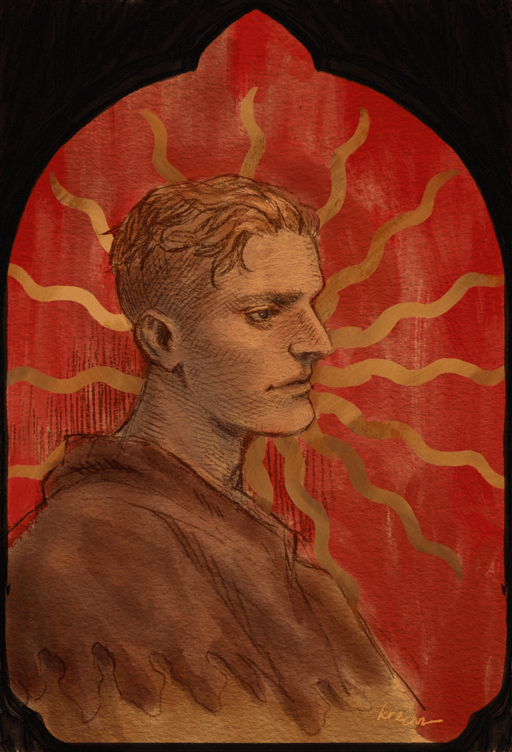 graphite portrait of Hans Capon from Kingdom Come Deliverance, with added digital colours
