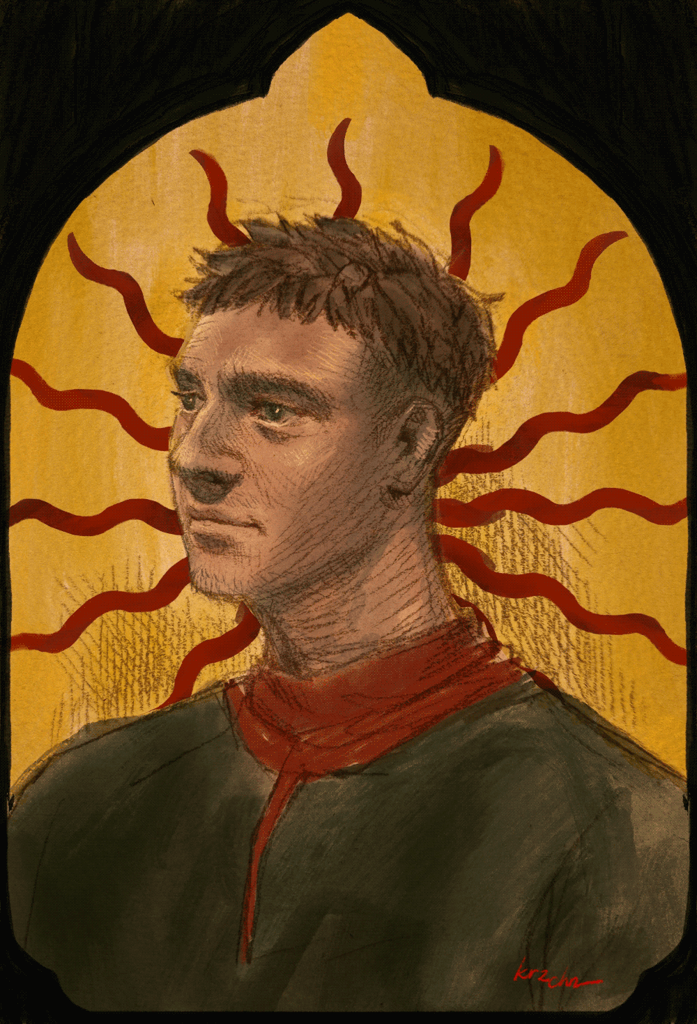 graphite portrait of Henry of Skalitz from Kingdom Come Deliverance, with added digital colours
