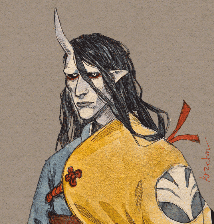 traditional watercolour piece of Ryoga, the character I play in my Fabula Ultima group